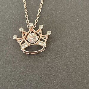 Disney Parks Princess Crown Tiara 18" Necklace Rose Gold Tone W/Rhinestones